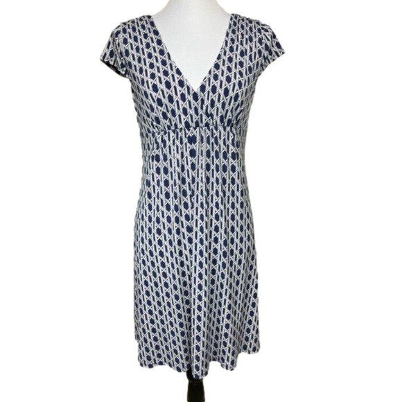 Laundry by Design Short Sleeve Pullover Low V-Neck Crossover Dress Blue/White 8 - Picture 1 of 10